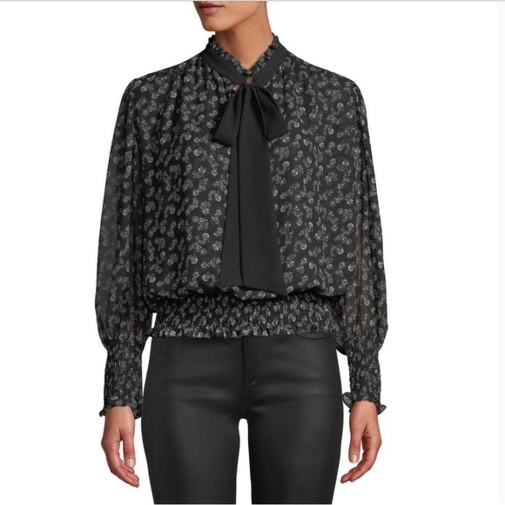 Misa Los Angeles Somer Black‎ and White Tie Front Blouse